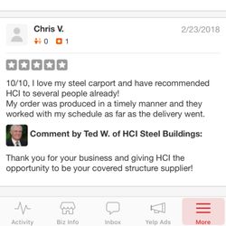HCI Steel Buildings - Unfortunately Yelp removed this review as "Not recommended"