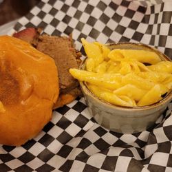 Brisket sandwich and Mac and cheese