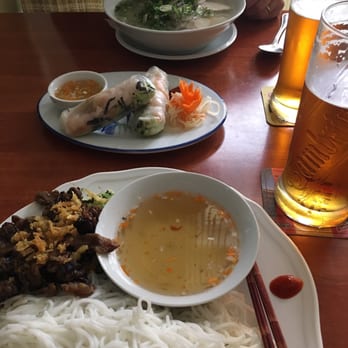 Hanoi Pho - Pork vermicelli in the foreground, spring rolls in the middle, Pho in the bacl - Vietnamese Near Me - Prague, Puerto Rico