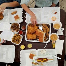Family meal + fried okra, fried liver, and corn dog Family meal + fried okra, fried liver, and corn dog