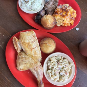 Doc Brown's BBQ - Half Chicken with Macaroni Salad and Brisket with Macaroni and Cheese and Potato Salad - Southern Near Me - Candler, North Carolina