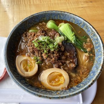 Kuma Ani - Custom Ramen: Tonkotsu broth, pork char-siu, grounded pork and bacon, seasoned egg, bok choy with scallions and fried onions. - Ramen Near Me - Albany, New York Kuma Ani - Custom Ramen: Tonkotsu broth, pork char-siu, grounded pork and bacon, seasoned egg, bok choy with scallions and fried onions. - Ramen Near Me - Albany, New York