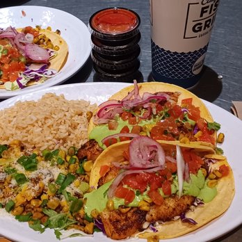 California Fish Grill - Swai Fish Tacos Brown Rice and Fire Roasted Corn - Seafood Near Me - Riverside, California
