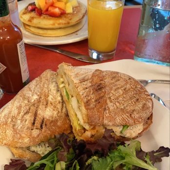 Fiat Cafe - Chicken panini, Pancakes with fruit, orange juice, iced coffee - Italian Near Me - New York, New York