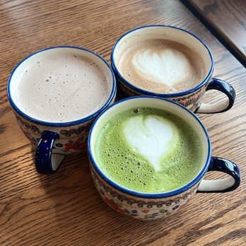 Down To Earth Cafe - 3 lattes - one chai, one coffee, one matcha - Coffee & Tea Near Me - Mechanicsburg, Pennsylvania Down To Earth Cafe - 3 lattes - one chai, one coffee, one matcha - Coffee & Tea Near Me - Mechanicsburg, Pennsylvania