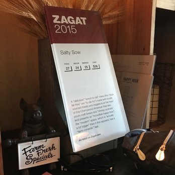 Salty Sow - So. The ikea sized platform to prop my drink along with a reminder of their zagat rating in 2015. Really? - American Near Me - Austin, Texas
