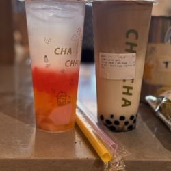 Elitea - Litchi with Mango and Stawberry Jelly & Coffee Latte w/black sugar boba.