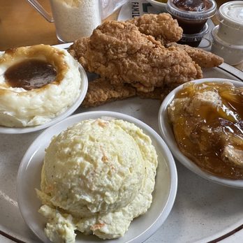 Olympic Family Restaurant - 4 Chicken fingers with 3 sides. Sides were mashed potatoes and gravy, potato salad, and peach cobbler (not pictured - yeast roll). - American Near Me - Walnut Cove, North Carolina Olympic Family Restaurant - 4 Chicken fingers with 3 sides. Sides were mashed potatoes and gravy, potato salad, and peach cobbler (not pictured - yeast roll). - American Near Me - Walnut Cove, North Carolina