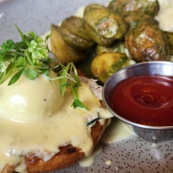 OEB Breakfast - Langley - Crab cake eggs Benny w their gluten friendly roasted potatoes - Breakfast & Brunch Near Me - Langley, British Columbia