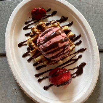 Big League Waffles & Scoops - Homerun - one scoop + one waffle + fruits + drizzle (black cherry ice cream) - Ice Cream & Frozen Yogurt Near Me - Raleigh, North Carolina