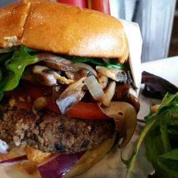 The Scratch Room - House made veggie burger(black beans, rice, onions, bell pepper) + mushrooms. Also cuke & pickled cauliflower layers. - Breakfast & Brunch Near Me - Anaheim, California The Scratch Room - House made veggie burger(black beans, rice, onions, bell pepper) + mushrooms. Also cuke & pickled cauliflower layers. - Breakfast & Brunch Near Me - Anaheim, California