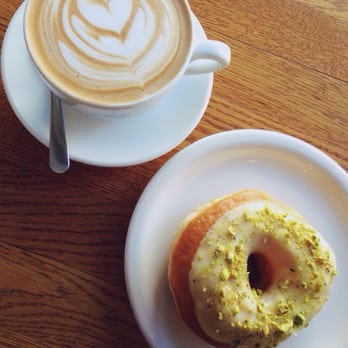 Copa Vida - Hot cafe latte and pistachio donut from donut snob! - New American Near Me - Pasadena, California Copa Vida - Hot cafe latte and pistachio donut from donut snob! - New American Near Me - Pasadena, California