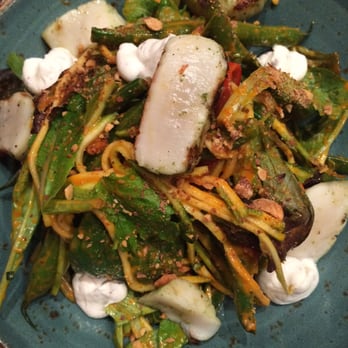 Mistral - Grilled scallop salad, harissa, yogurt, zucchini noodles, green beans, almonds, preserved lemon - Tapas/Small Plates Near Me - Princeton, New Jersey