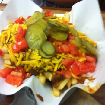 The Hat - Chili cheese fries w/ tomatoes and pickles - Sandwiches Near Me - Brea, California The Hat - Chili cheese fries w/ tomatoes and pickles - Sandwiches Near Me - Brea, California