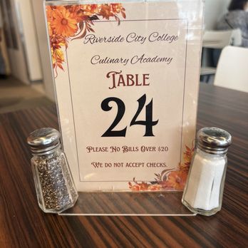 Riverside Community College Culinary Academy - Table number, reverse side. - New American Near Me - Riverside, California Riverside Community College Culinary Academy - Table number, reverse side. - New American Near Me - Riverside, California