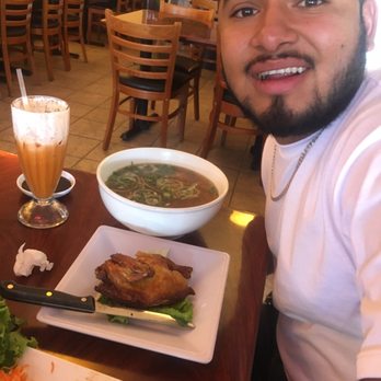 Pho Daily - My husband's excited face with his Game Hen and Egg Noodle soup combo - Vietnamese Near Me - Gardena, California