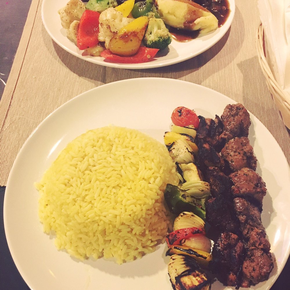 Lamb kebab and ribeye steak
