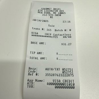 Gourmet Bagel - Receipt of my 3 item lunch - Bagels Near Me - New York, New York