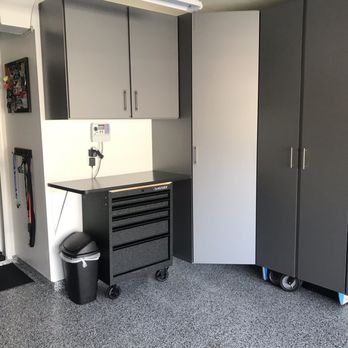 Garage Innovations - 45 Degree custom cabinet. Workbench with room for a rolling tool box - Home Organization Near Me - Riverside, California Garage Innovations - 45 Degree custom cabinet. Workbench with room for a rolling tool box - Home Organization Near Me - Riverside, California
