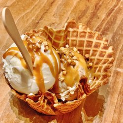 Pure Joy Ice Cream - Goat milk ice cream w/bourbon sauce in a waffle bowl