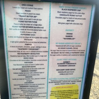 Scoop Deck - More flavors - A menu board featuring ice cream flavors, frozen yogurt, sherbet, and dairy-free options, with detailed descriptions of each item. - Ice Cream & Frozen Yogurt Near Me - Wells, Maine