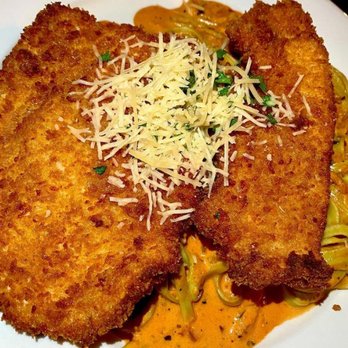 Stage House Tavern - Parmesan Crusted Chicken over Linguine Pasta - American Near Me - Mountainside, New Jersey Stage House Tavern - Parmesan Crusted Chicken over Linguine Pasta - American Near Me - Mountainside, New Jersey