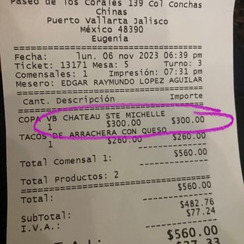 Eugenia - Beware! They do not put prices of wine by the glass on the menu. The house Chardonnay was $17!! More than my entree!! - Mexican Near Me - Puerto Vallarta, JAL