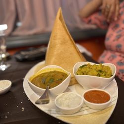 Taj Indian Cuisine - Masala Dosa. Both coconut and Tomato chutney along with the potato bhaji,  samvat along with Dosa