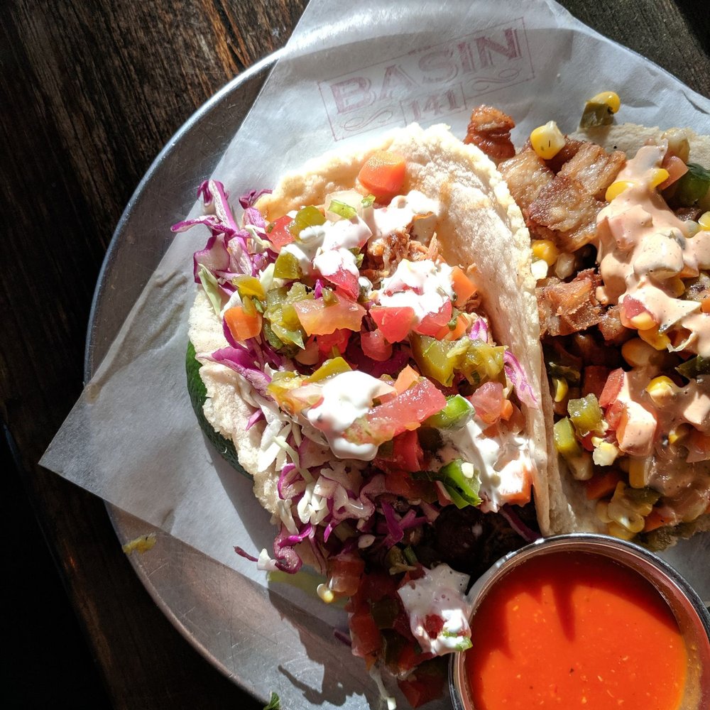 Basin 141 - Happy Hour tacos. Chicken in one, pork belly in the other. - Gastropubs Near Me - Monrovia, California Basin 141 - Happy Hour tacos. Chicken in one, pork belly in the other. - Gastropubs Near Me - Monrovia, California