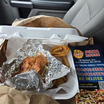 Karas Pizza House - Turkey club with onion rings. - Burgers Near Me - New Bedford, Massachusetts Karas Pizza House - Turkey club with onion rings. - Burgers Near Me - New Bedford, Massachusetts