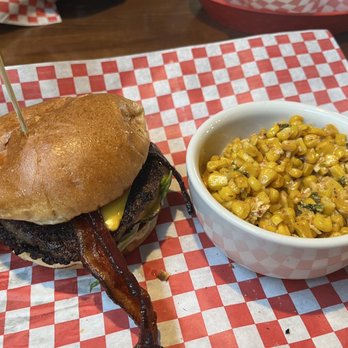 Angry Ale's - Bacon Cheese Burger with disgusting street corn - Sports Bars Near Me - Charlotte, North Carolina Angry Ale's - Bacon Cheese Burger with disgusting street corn - Sports Bars Near Me - Charlotte, North Carolina