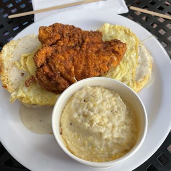 The Marietta Local - Nashville Hot Chicken Breakfast with a side of cheesy grits. - Burgers Near Me - Marietta, Georgia The Marietta Local - Nashville Hot Chicken Breakfast with a side of cheesy grits. - Burgers Near Me - Marietta, Georgia