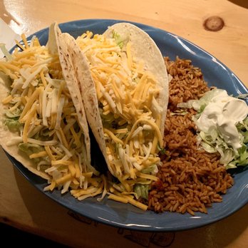 Coyote Blue Tex Mex Cafe - Two giant, soft shell tacos filled with beef, onion, lettuce and cheese (I asked for no tomatoes...) with a double of Mexican rice! - Tex-Mex Near Me - Middletown, Connecticut