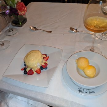 Pied à Terre - Floating Island Mango/Passion fruit sorbet - French Near Me - Miami Beach, Florida Pied à Terre - Floating Island Mango/Passion fruit sorbet - French Near Me - Miami Beach, Florida