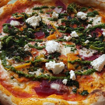 Serata Hall - Green God Pizza- Kale, Ricotta, Roasted Butternut Squash, Beetroot, & Broccoli, w/ Pistachio Pesto - Italian Near Me - London, XGL