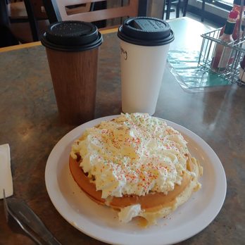 Batter Up - One Holiday waffle, one large Eggnog coffee, and a large Gingerbread coffee. - Breakfast & Brunch Near Me - Portland, Oregon Batter Up - One Holiday waffle, one large Eggnog coffee, and a large Gingerbread coffee. - Breakfast & Brunch Near Me - Portland, Oregon