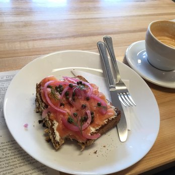 The Coffee Pedaler - Salmon, cream cheese and capers on multigrain toast, and maple latte - Coffee & Tea Near Me - New Haven, Connecticut