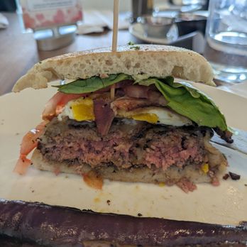 Plums Cafe - Hangover Burger (I cut it in half) = disappointingly bland - Breakfast & Brunch Near Me - Costa Mesa, California Plums Cafe - Hangover Burger (I cut it in half) = disappointingly bland - Breakfast & Brunch Near Me - Costa Mesa, California