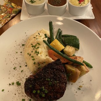 Avenue Steak House - Filet with farm fresh vegetables and perfectly balanced mash! 3 delish sauces AKA "The Flight" - Steakhouses Near Me - Saugerties, New York