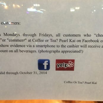 Coffee or Tea? - Check in with Yelp or Facebook Monday through Friday, and receive a 10% discount on all beverages. - Bubble Tea Near Me - Aiea, Hawaii Coffee or Tea? - Check in with Yelp or Facebook Monday through Friday, and receive a 10% discount on all beverages. - Bubble Tea Near Me - Aiea, Hawaii