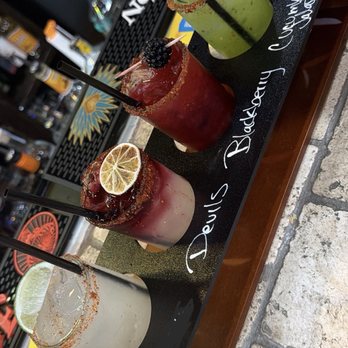 Reyes Bar & Restaurant - Margarita flight!! Our lovely bartender asked me not to share the one on the left, . - Salvadoran Near Me - Woodbridge, California Reyes Bar & Restaurant - Margarita flight!! Our lovely bartender asked me not to share the one on the left, . - Salvadoran Near Me - Woodbridge, California