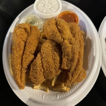 FatCat Fish & Grill - Catfish platter  French fries  Pickle  Ketchup Tartar sauce  Lemon wedge - Seafood Near Me - Amarillo, Texas