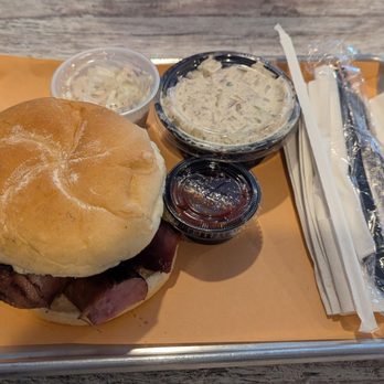 Zach and Lou's Barbeque - kielbasa sandwich with potato salad - Barbeque Near Me - Torrington, Connecticut