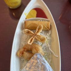 Hong Kong Restaurant - Appetizers that came with combo: fried shrimp, cream cheese wonton, Egg Roll and paper wrap chicken