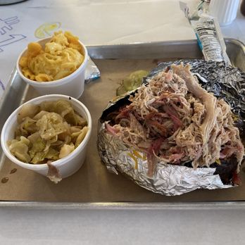 Timmy Jon's BBQ - Recent dinner there. Huge loaded baked potato topped with pulled pork, Mac & cheese, fried cabbage w/bacon.! - Barbeque Near Me - Dade City, Florida