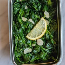 Mountaintop Meal Prep - Wilted spinach with garlic and lemon.