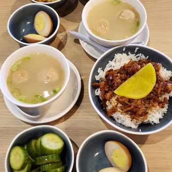 MonGa Cafe - Lu-rou fan with pork meatball soup, pickled cucumber, triangular tofu and braised egg sides - Taiwanese Near Me - Bellevue, Washington MonGa Cafe - Lu-rou fan with pork meatball soup, pickled cucumber, triangular tofu and braised egg sides - Taiwanese Near Me - Bellevue, Washington