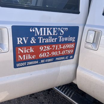 Mike's Rv Trailer Towing - Logo with phone numbers. - Towing Near Me Mike's Rv Trailer Towing - Logo with phone numbers. - Towing Near Me