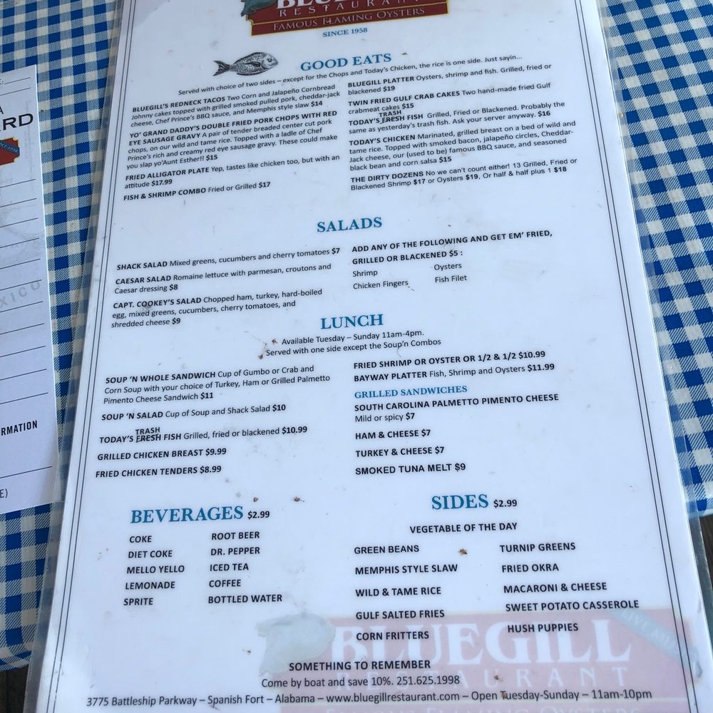 BLUEGILL Restaurant - Lunch menu - Seafood Near Me - Spanish Fort, Alabama BLUEGILL Restaurant - Lunch menu - Seafood Near Me - Spanish Fort, Alabama