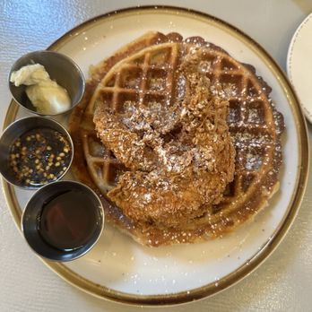 Cohen's Retreat - Chicken and waffles with hot chili syrup and butter - New American Near Me - Savannah, Georgia